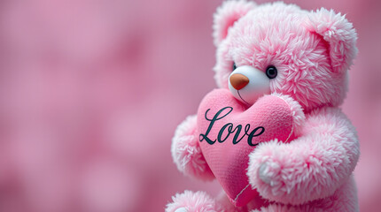 Pink Teddy Bear Holding a Love Heart with a Soft Blush Background - The Ultimate Valentine’s Day Symbol of Romance and Affection. Perfect for Greeting Cards, Gift Wrapping Designs, or Social Media.