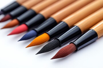 Naklejka premium Various brush pens arranged neatly on a white background demonstrating vibrant colors and fine tips for creative art projects