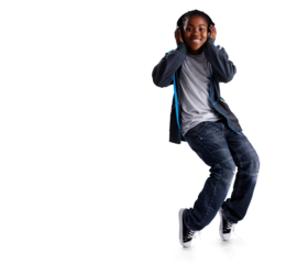 Happy, dancing and child with headphones for music or hip hop performance and motivation. Fashion, youth and African boy kid portrait isolated on a transparent, png background moving to breakdance