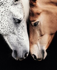 Two horses closely interacting against a black background, showcasing their unique textures and emotional connection Elegant and intimate portrayal of equine bonds