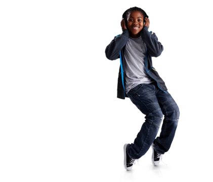 Happy, dancing and child with headphones for music or hip hop performance and motivation. Fashion, youth and African boy kid portrait isolated on a transparent, png background moving to breakdance