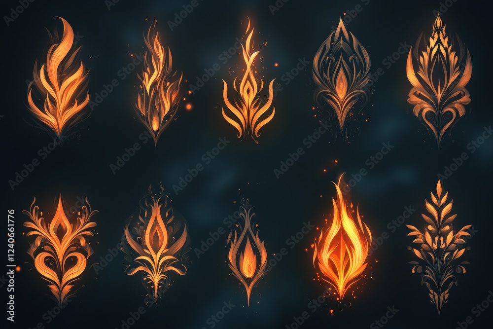Poster unique collection of ornate flame designs showcasing creativity and artistic expression in fiery hue