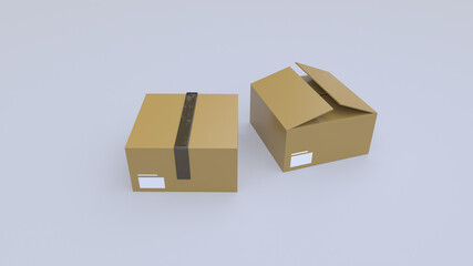 Two closed and open brown cardboard box mockup isolated on white background. 3d rendering.