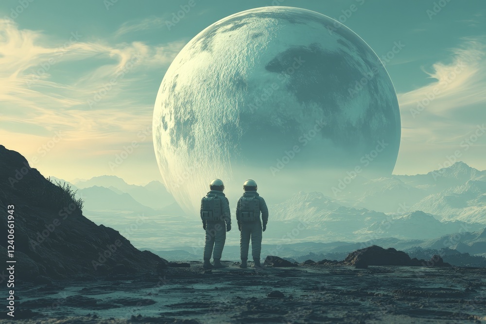Aufkleber Astronauts observe a distant planet from the surface of a foreign landscape during twilight hours