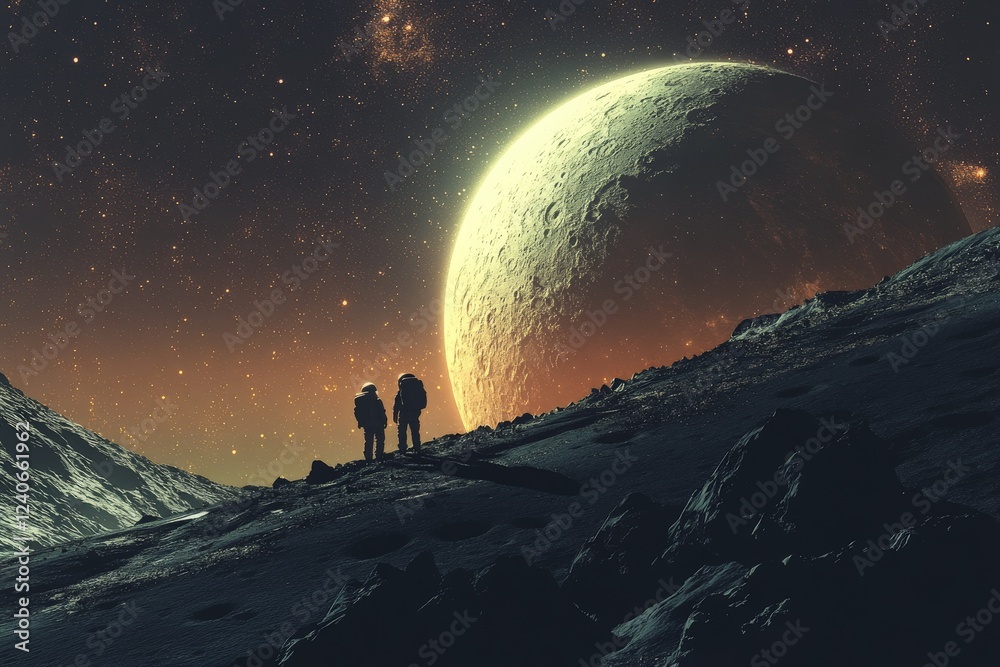 Poster two astronauts explore a distant moon under a large planet in a twilight sky