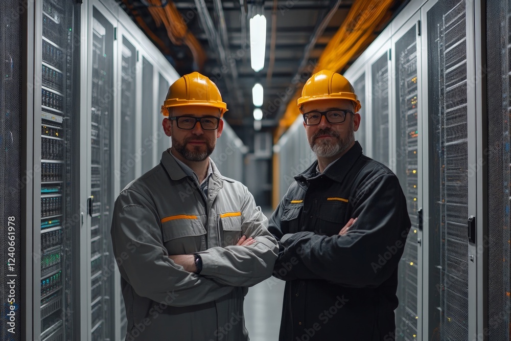 Aufkleber two technicians in a data center wearing safety gear and collaborating on server management