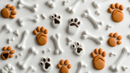 Tiny paw prints and bones on white