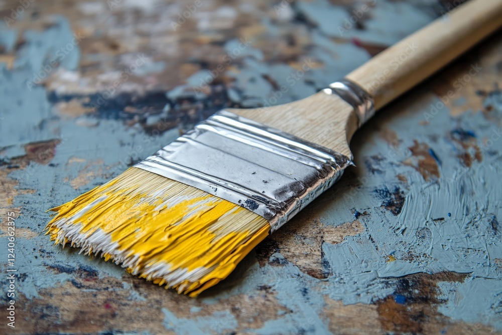 Poster brush with yellow bristles resting on a painted surface showing various shades, captured during an a
