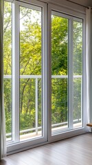 Sunlight fills a serene indoor area through a large window, highlighting the warm wooden table and lush greenery outside