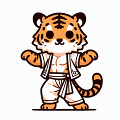 Dancing Cute Tiger in Martial Arts Gear: An adorable cartoon tiger cub, powerfully built yet undeniably cute, strikes a martial arts pose.  The tiger sports a traditional-style outfit.