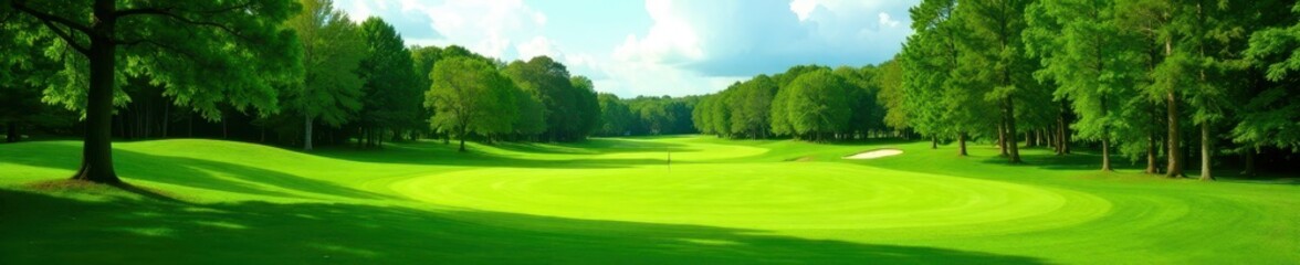 Lush green golf course fairway, trees in background, fresh, rural, background