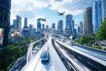 Fototapeta premium Futuristic transportation hub showcasing flying cars and high-speed trains in a vibrant urban environment