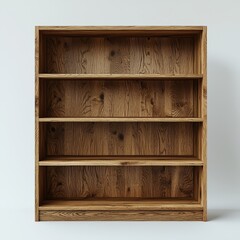 The photo features an isolated empty wooden bookshelf on a transparent backdrop, with four shelves crafted from light brown wood