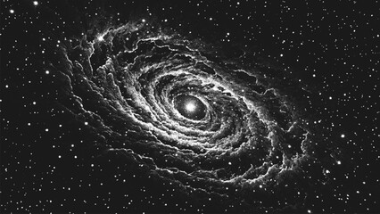 The birth of solar system begins from swirling stardust in infinite darkness. Young star brightly burns in in deep space and gravity twists cosmic matter into glowing spiral vortex. Vector background © 3d_kot