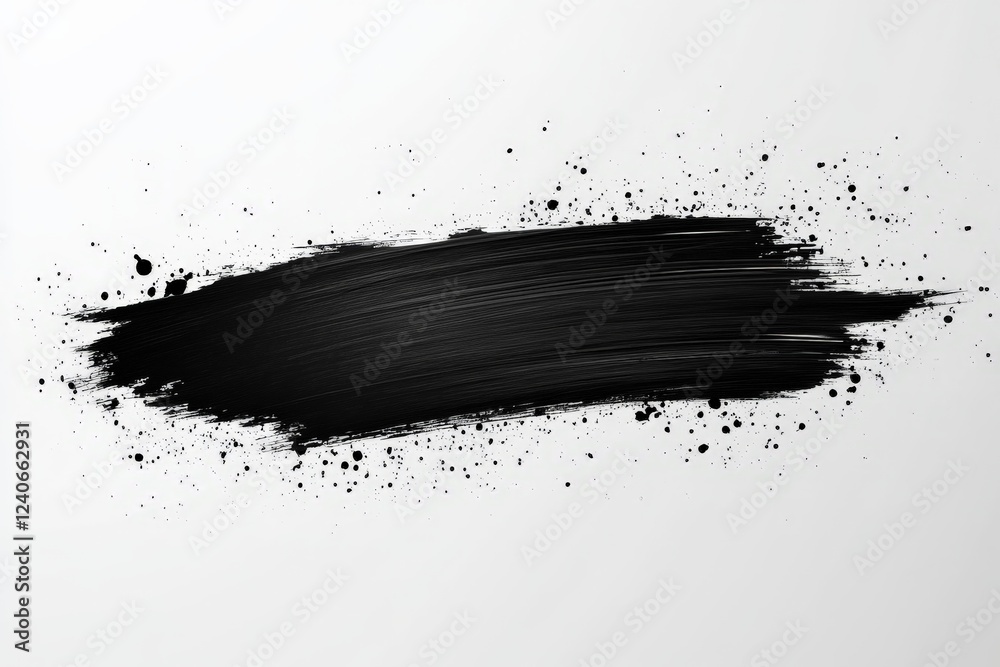 Poster brush stroke of black paint with splatters on a clean white canvas showcasing artistic expression an