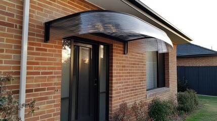 A newly installed polycarbonate awning allowing light while providing shade.