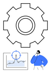 Large gear as a metaphor for process, chart with plotted data and target icon, thoughtful man in blue observing. Ideal for workflow, efficiency, planning, innovation, productivity, strategy abstract