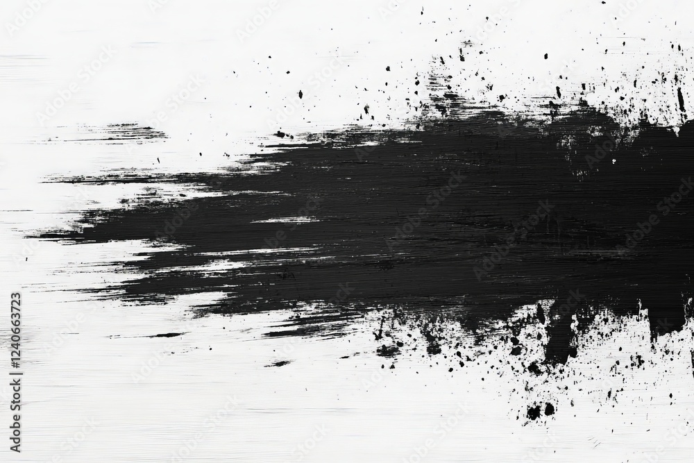 Poster black paint splash contrasts with white background, showcasing artistic expression and dynamic movem