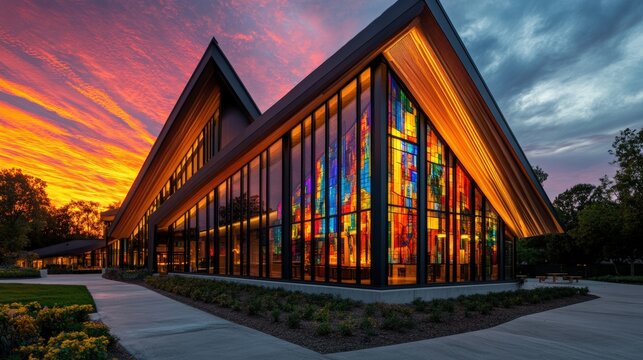 A modern church with unique angular architecture and large stained glass windows, captured at sunrise - Powered by Adobe
