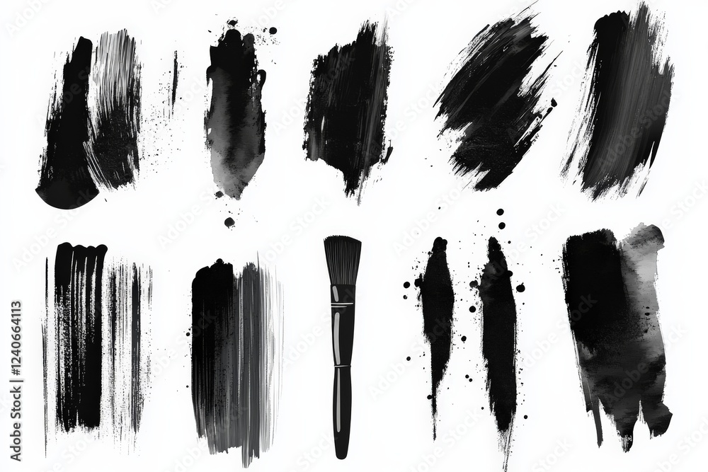 Poster artistic black brush strokes and textures arranged creatively on a white background for design purpo