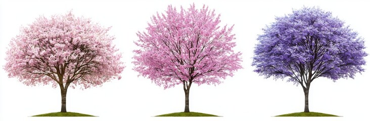 Obraz premium Pink blooming front view of Cornus florida (flowering dogwood) trees set on a street in summer, isolated with a transparent background, perfectly cutout