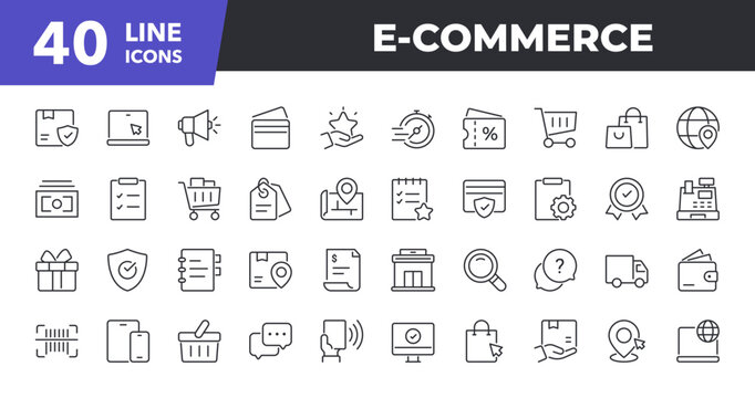 E-Commerce Line Icon Set. Contains such icons as Shopping, Retail Store, Delivery, Payment. Vector illustration