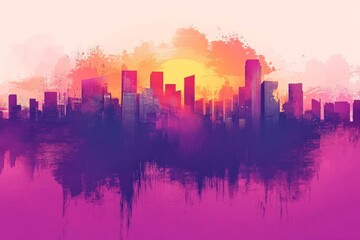 Fototapeta premium Vibrant city skyline at sunset with warm hues blending into a colorful horizon