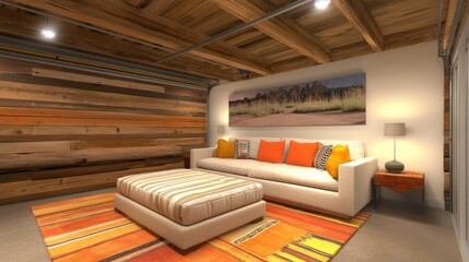 Contemporary furniture placed in a finished garage conversion.