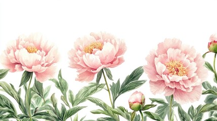 Romantic watercolor floral frame with soft pink peonies and delicate green leaves, artistic illustration, isolated on white