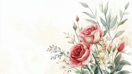 Obraz premium watercolor bouquet with roses and wildflowers, soft pastel colors, isolated on white