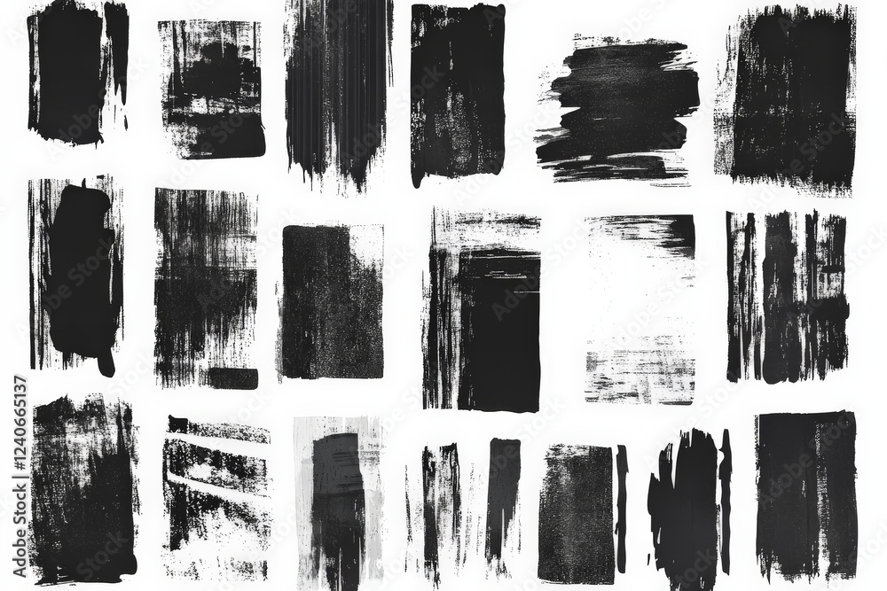 Poster Black brushstroke patterns on white background creating an abstract art collection for design inspiration and creativity
