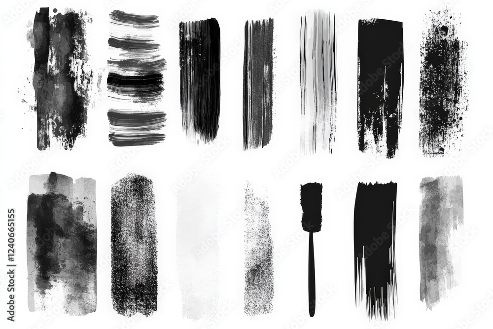 Poster black and white brush strokes showcasing various artistic techniques and textures on a clean white b