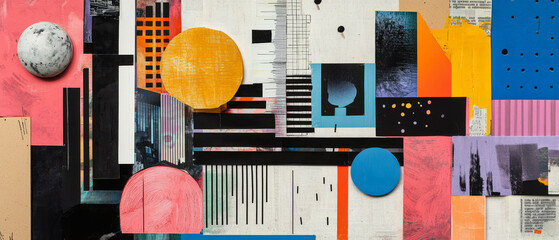 Minimalistic city-themed mixed media collage showcasing vibrant geometric design elements