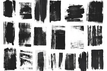Black brushstroke patterns on white background creating an abstract art collection for design inspiration and creativity