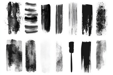 Black and white brush strokes showcasing various artistic techniques and textures on a clean white background