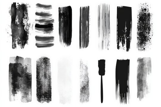 Black and white brush strokes showcasing various artistic techniques and textures on a clean white background