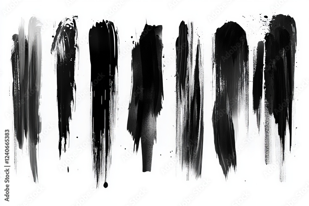 Poster Black paint strokes on white canvas create dynamic abstract patterns in varied textures and shapes