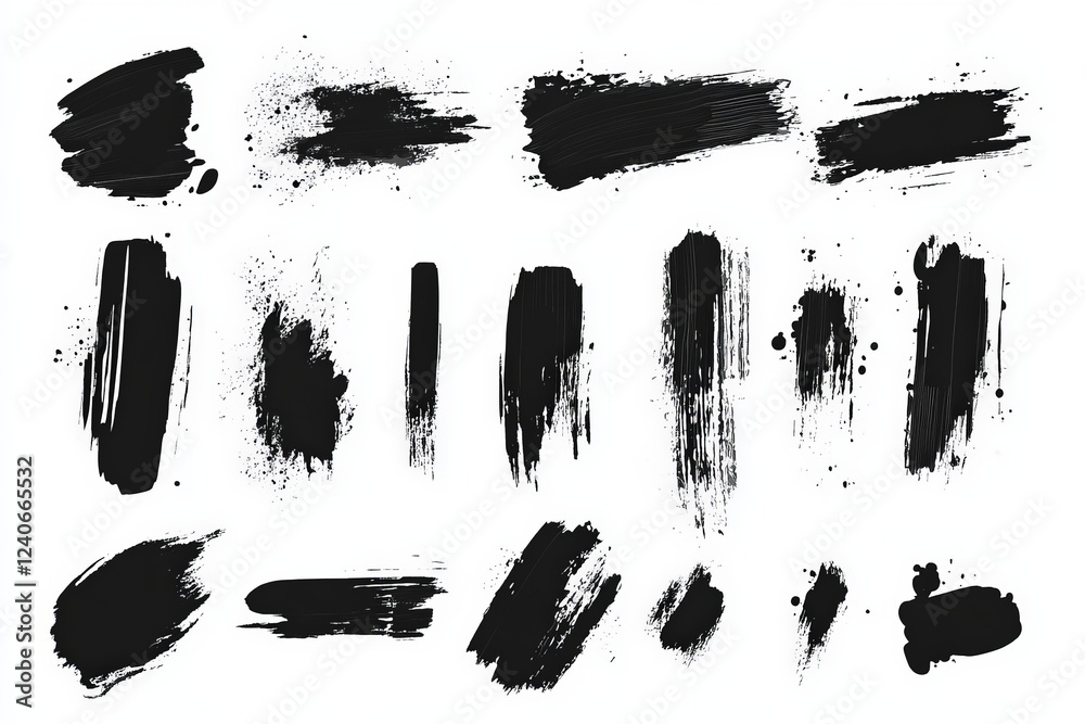 Poster Black brush strokes on white background creating texture and artistic elements for graphic design and creative projects