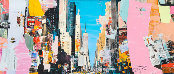 Exploring urban energy through vibrant mixed media collage of city life