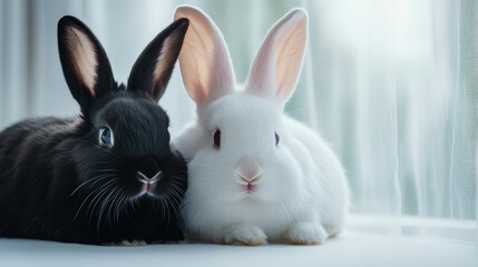 Fototapeta premium A pair of bunnies with contrasting fur colors, one black and one white, sitting side by side on a white surface