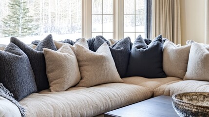 Cozy sectional sofa with a coffee table centerpiece.