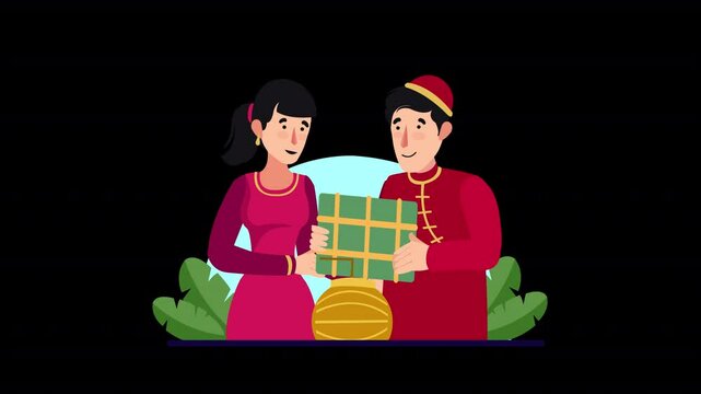 Celebratory flat-style 2D animation scene showcasing cultural festivities and community spirit during Tiet Viet Day, suitable for cultural events, heritage campaigns, or tourism promotions.