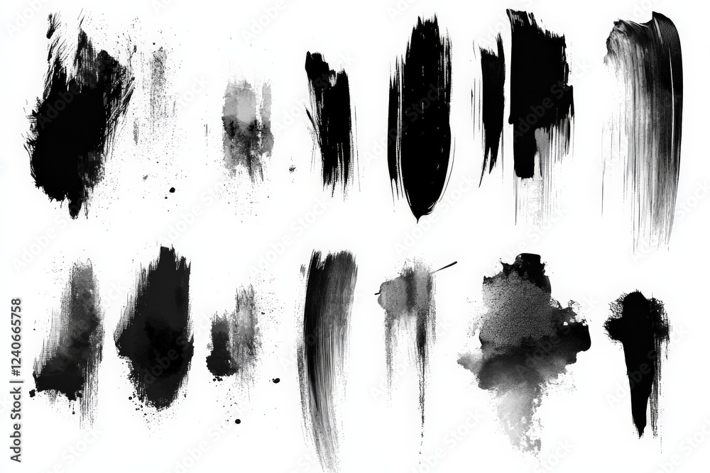 Poster Black brush strokes on white background showcasing various artistic techniques and textures in abstract design