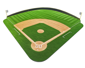 baseball stadium features diamond shaped field with vibrant green grass, perfect for outdoor sports. layout includes bases and pitcher mound, creating inviting atmosphere