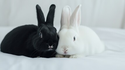 Obraz premium A pair of bunnies with contrasting fur colors, one black and one white, sitting side by side on a white surface