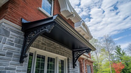 Decorative awning with ornamental metal brackets on a traditional home.