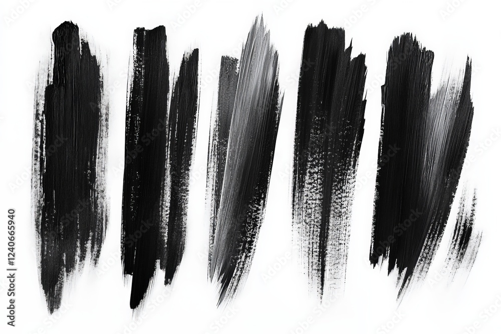Poster Different brush strokes in black paint demonstrating artistic techniques and textures on a white background