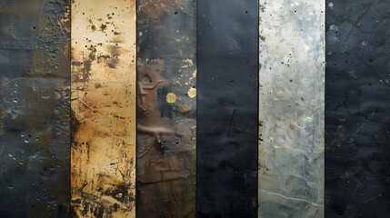 Abstract composition of metallic panels with varying textures and colors, showcasing industrial design