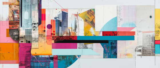 Exploring a vibrant minimalistic city theme through abstract mixed media collage art