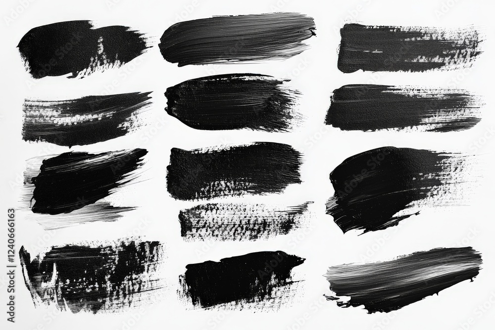 Poster various black paint strokes arranged on a white background showcasing artistic expression and textur